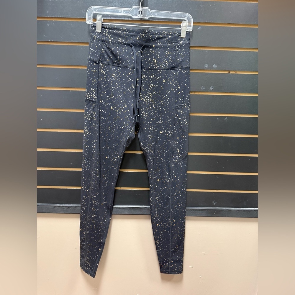 Zyia Active Black Gold Splatter High Waist Leggings Size 6-8 Pockets